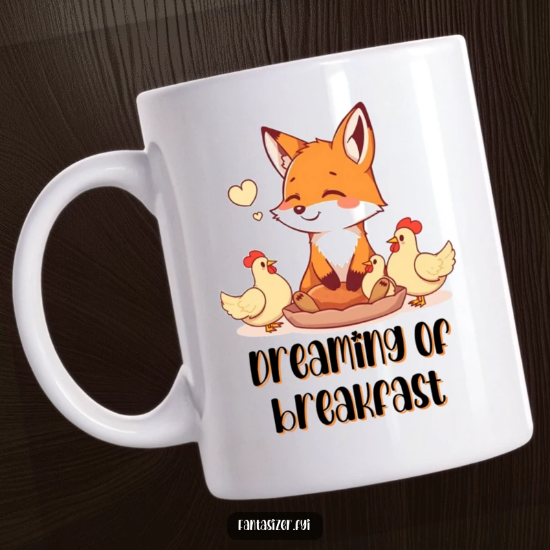 Funny happy fox daydreaming of a feast of plump chickens, depicted on a coffee mug. Evokes hunger, desire, and playful mischief.