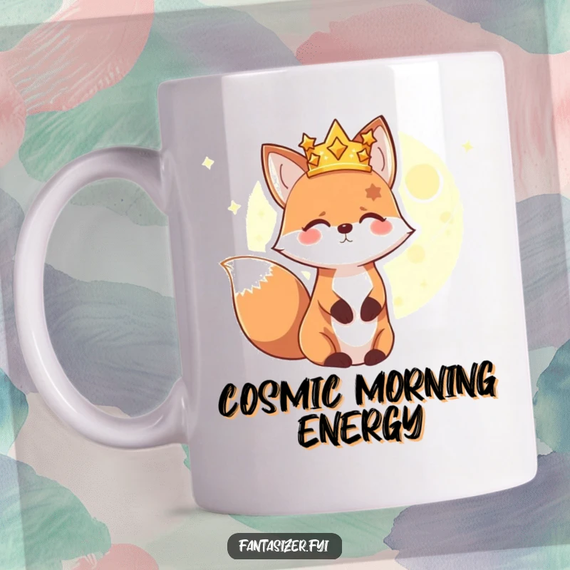 Funny mug depicting a happy fox wearing a crown of stars, gazing longingly at a distant, glowing planet, evoking a sense of cosmic wonder and exploration.