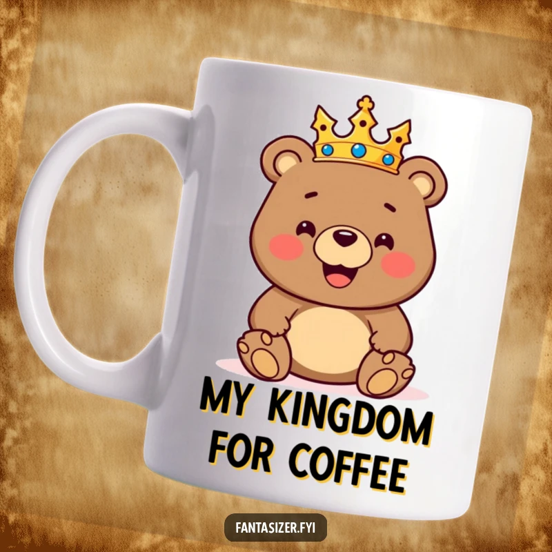 Funny mug featuring a happy bear wearing a crown, joyfully ruling over a kingdom of colorful toys, radiating kingly charm.