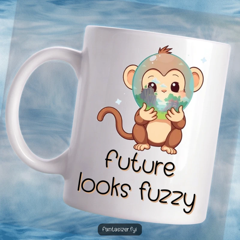 Funny Monkey Mug: Curious primate gazes into crystal ball showing a fantastical landscape, conveying wonder and amusement for a unique gift.