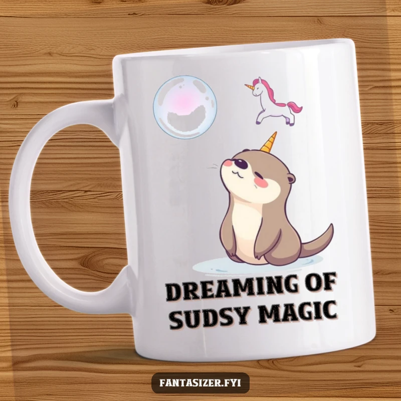 Funny mug featuring a happy otter gazing dreamily at a magical soap bubble unicorn, capturing a moment of pure, whimsical joy.