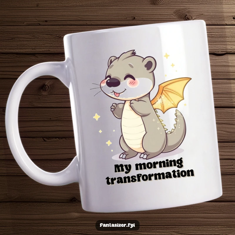 Funny otter dragon mug depicting a playful otter mid-transformation into a sparkling, shimmering dragon, full of wonder.