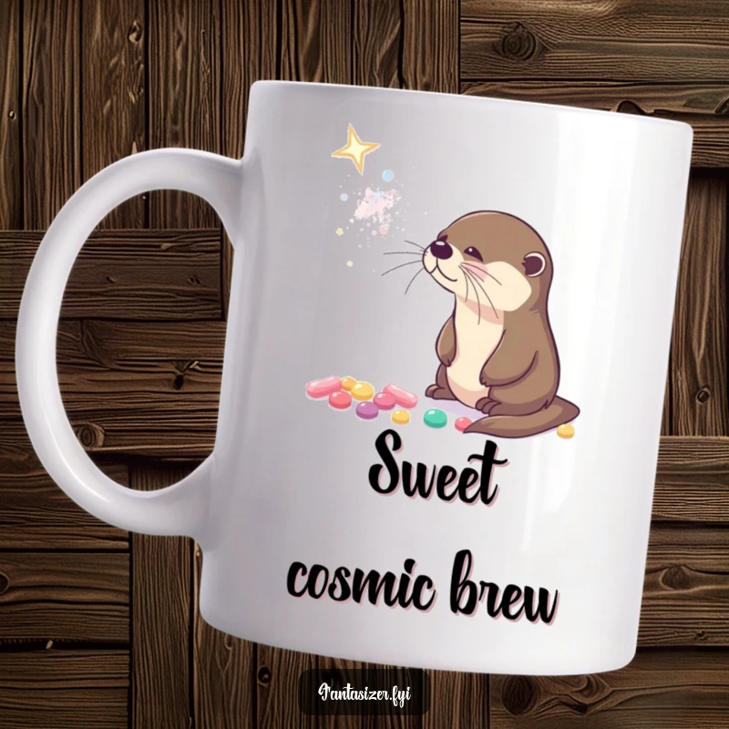 Funny coffee mug showing a curious otter gazing up at a sparkling galaxy made of tiny, glowing candies.