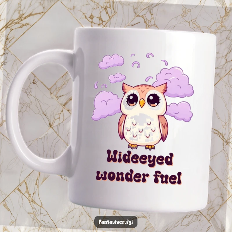 Funny mug depicting a cute owl with large, wide eyes gazing upwards at a mesmerizing sky filled with swirling, vibrant purple clouds, evoking curiosity.