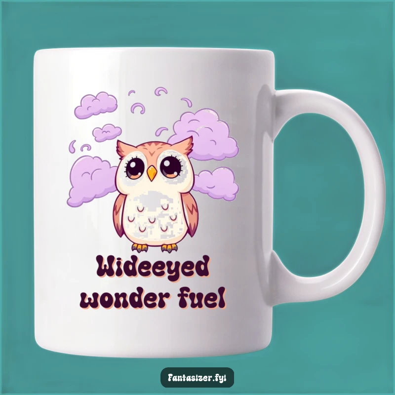 Funny Owl Cloud Mug: Wide-Eyed Wonder Gazing at Purple Skies, Perfect Whimsical Gift