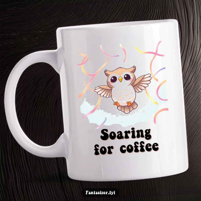 Funny Owl Ribbon Mug: A cheerful owl with wings spread soars through a sky of vibrant ribbons, a funny gift for dreamers.