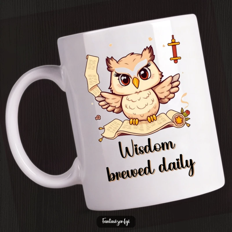 Funny mug featuring a delighted owl conjuring ancient scrolls, exuding wisdom and humor, a perfect gift for scholars.
