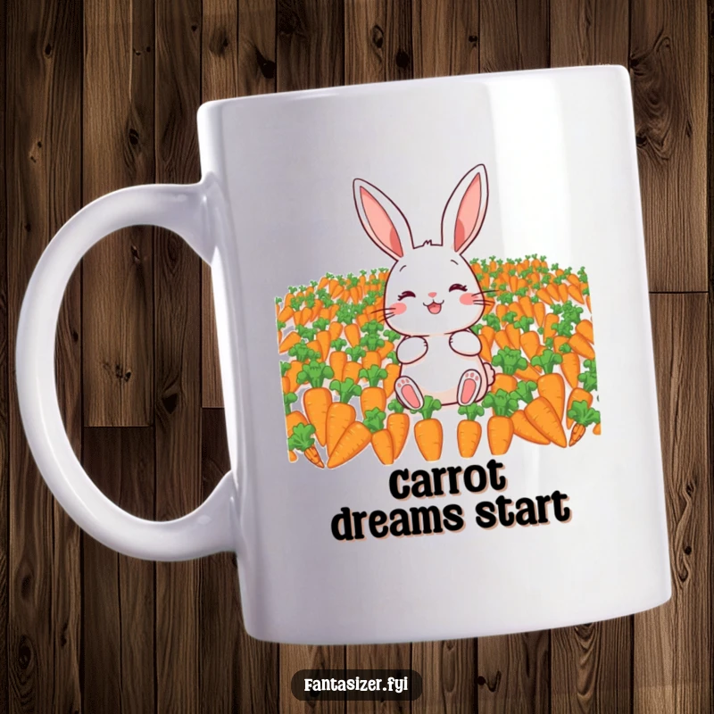 Funny mug featuring a happy rabbit surrounded by a mountain of carrots, dreaming of endless munching, a delightful and funny gift.