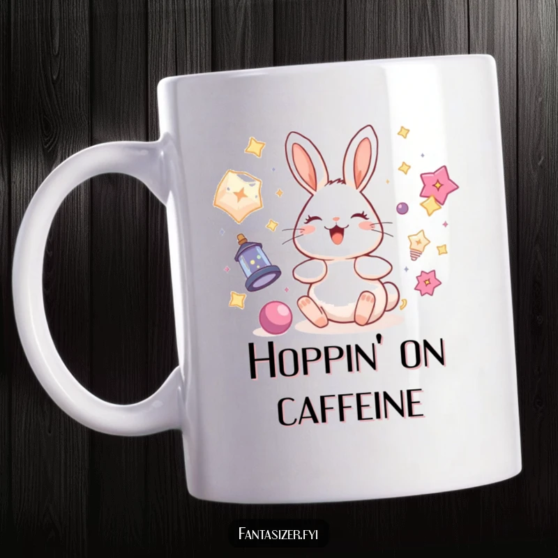 Funny rabbit mug showcasing a delighted bunny amidst floating magical objects like stars, sparkles, and potions, a charming whimsical gift.