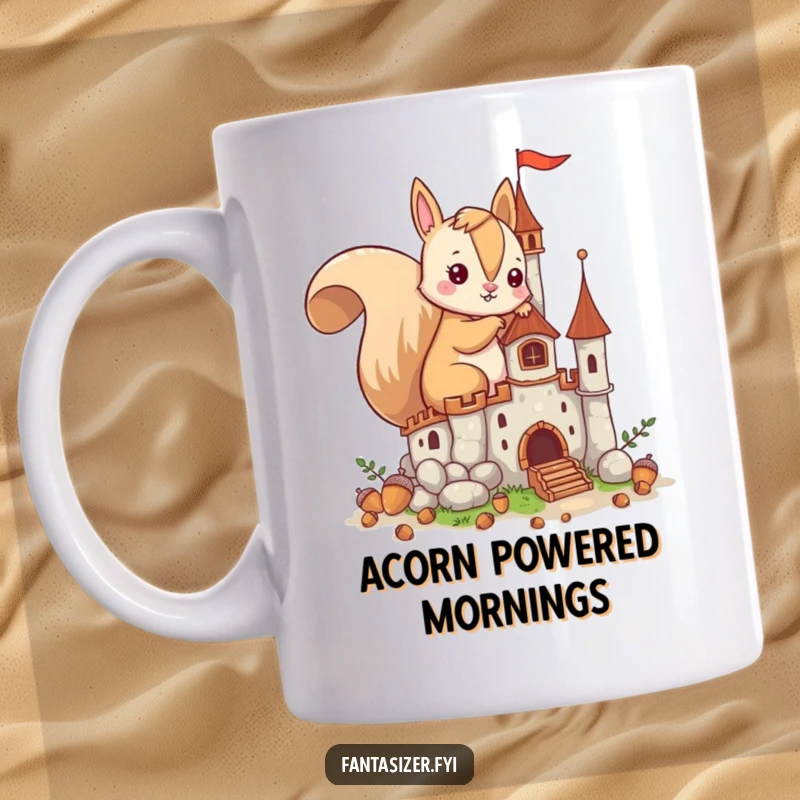 Funny mug with an imaginative squirrel character diligently building a fantastical castle using acorns, showcasing creativity and dedication.