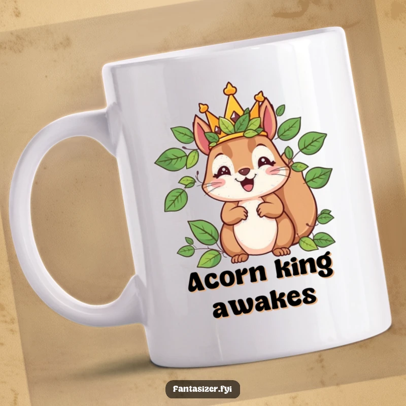 Funny mug featuring a delighted squirrel wearing a leaf crown, ruling a tiny kingdom with regal, yet humorous, charm.