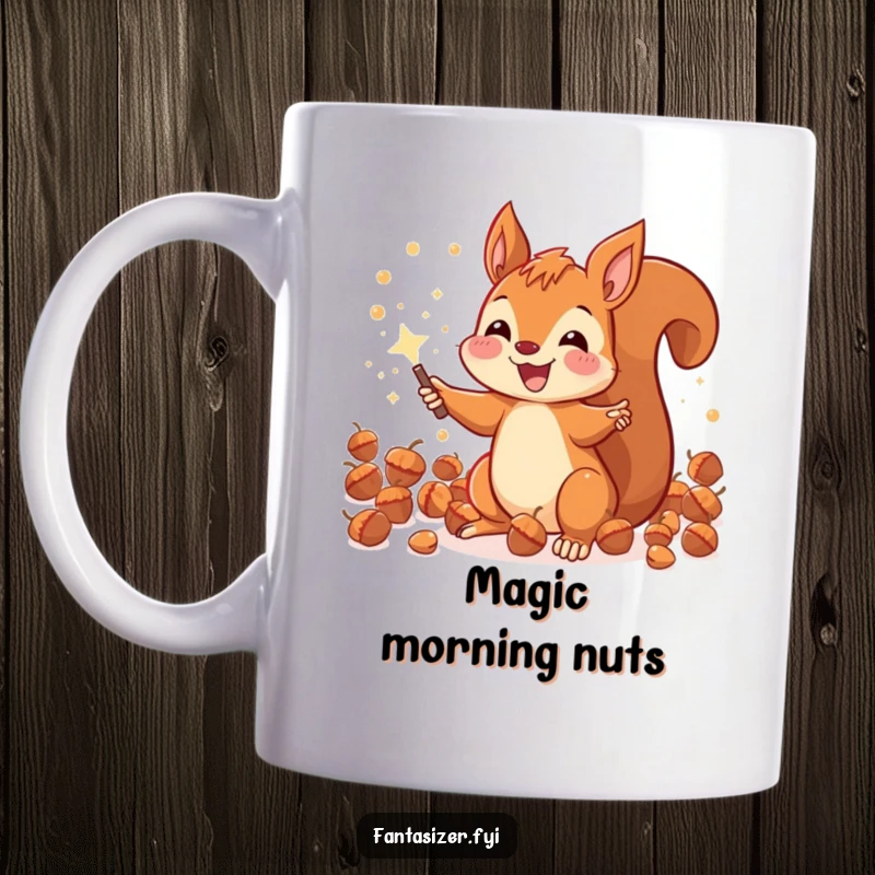 Funny joyous squirrel conjuring a shower of sparkling acorns with a magic wand, a magical and humorous mug.