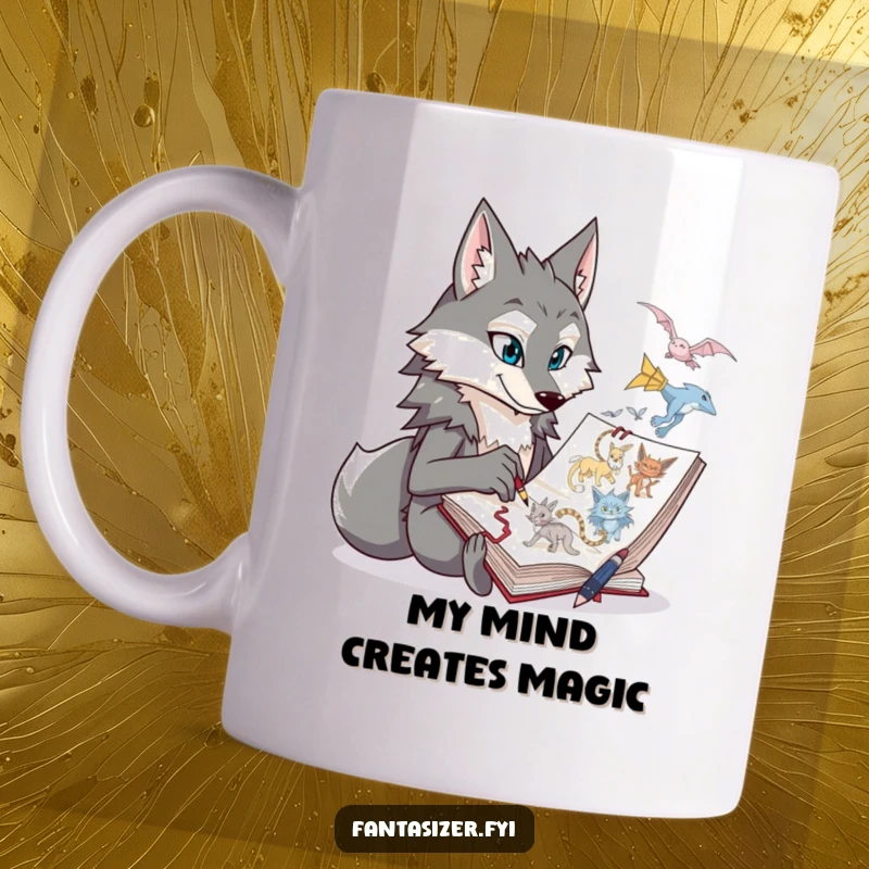 Funny proud wolf character thoughtfully sketching fantastical creatures in a giant notebook on a mug. Creative and artistic.