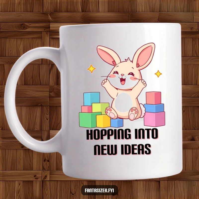 Funny coffee mug showing a happy bunny with paws in the air, imagining a world made of colorful blocks.