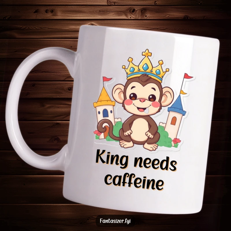 Funny Monkey Mug: A cheerful monkey wearing a shiny crown joyfully rules a colorful, whimsical kingdom, spreading laughter.
