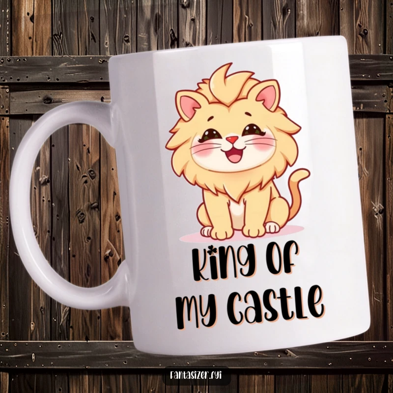 Funny mug showing a small, happy cat with a lion's mane, imagining itself as a powerful king of the jungle, a truly funny gift.