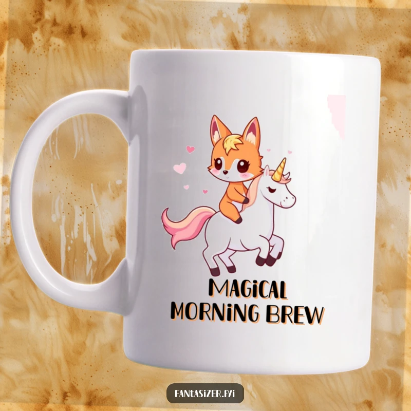 Funny fox mug depicting a whimsical fox joyfully riding a majestic unicorn, representing imagination and magical adventure.