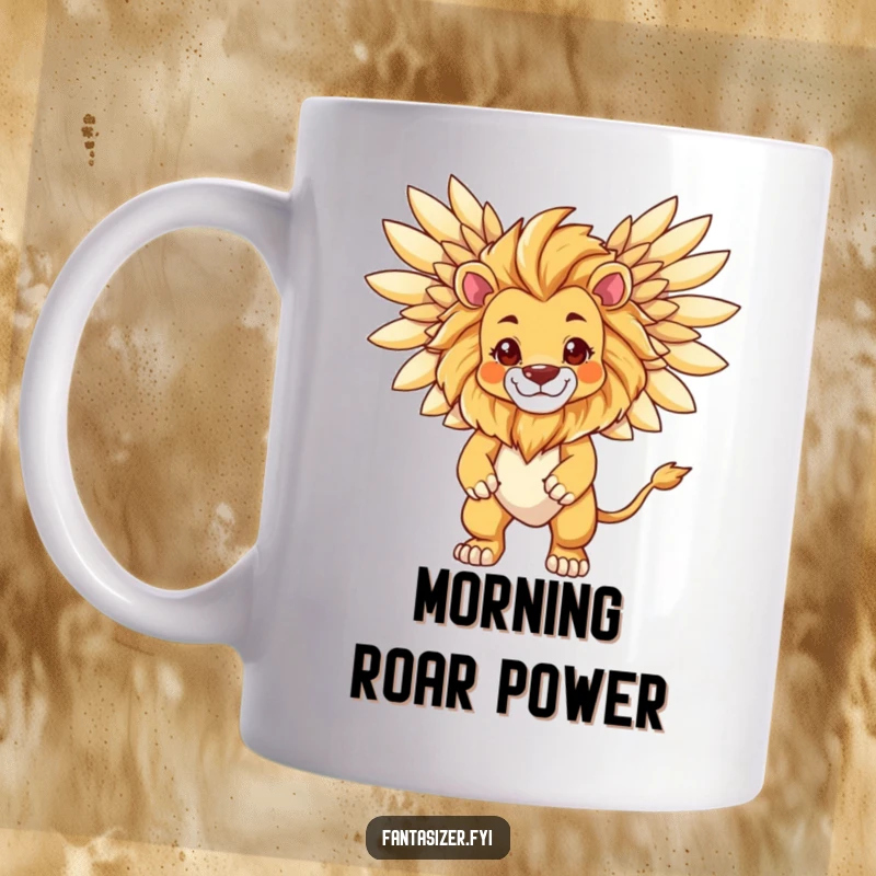 Funny Lion Mug, a proud lion transforming into a winged creature, symbolizing power and humor.
