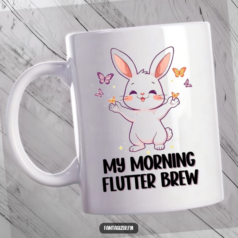 Funny mug depicting a playful rabbit character with outstretched paws, from which shimmering butterflies are magically appearing, evoking wonder and delight.