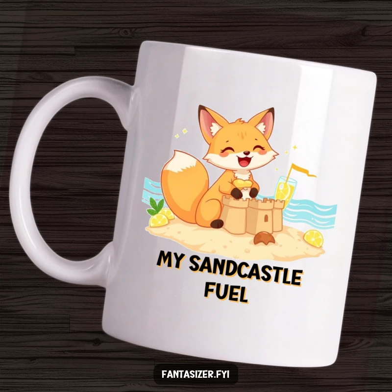 Funny giggling fox building a sandcastle near lemonade sea, ceramic mug, perfect funny gift for beach lovers.