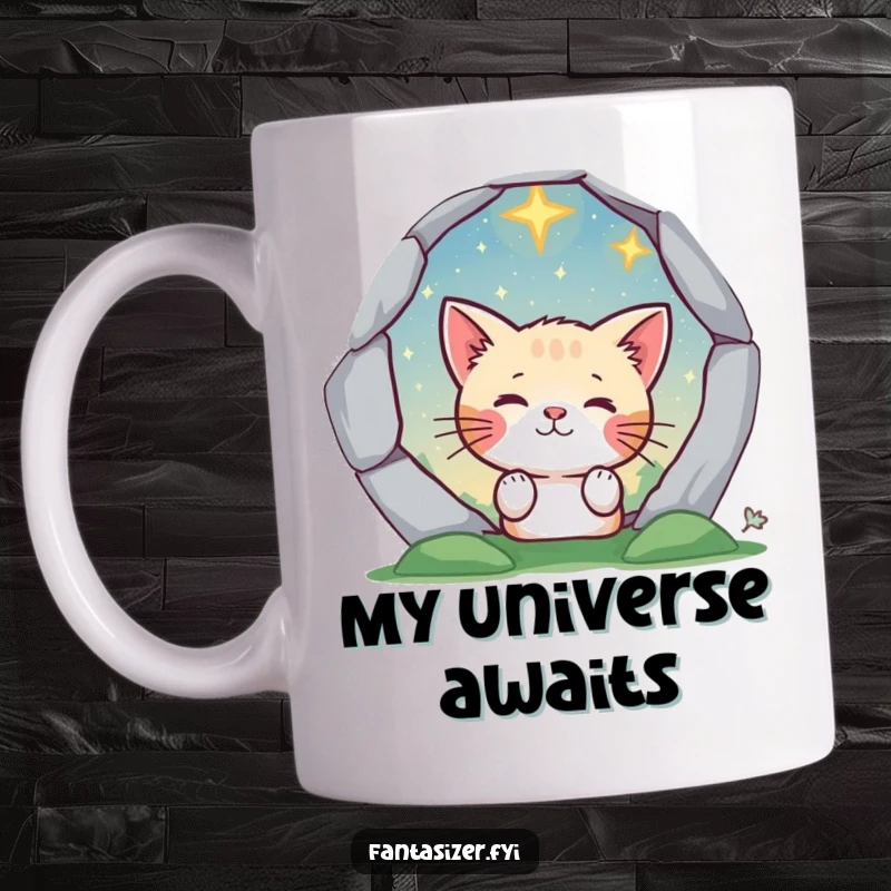 Funny cat character peering through a cosmic portal on a mug, revealing a starry, whimsical landscape. Mysterious and cute.