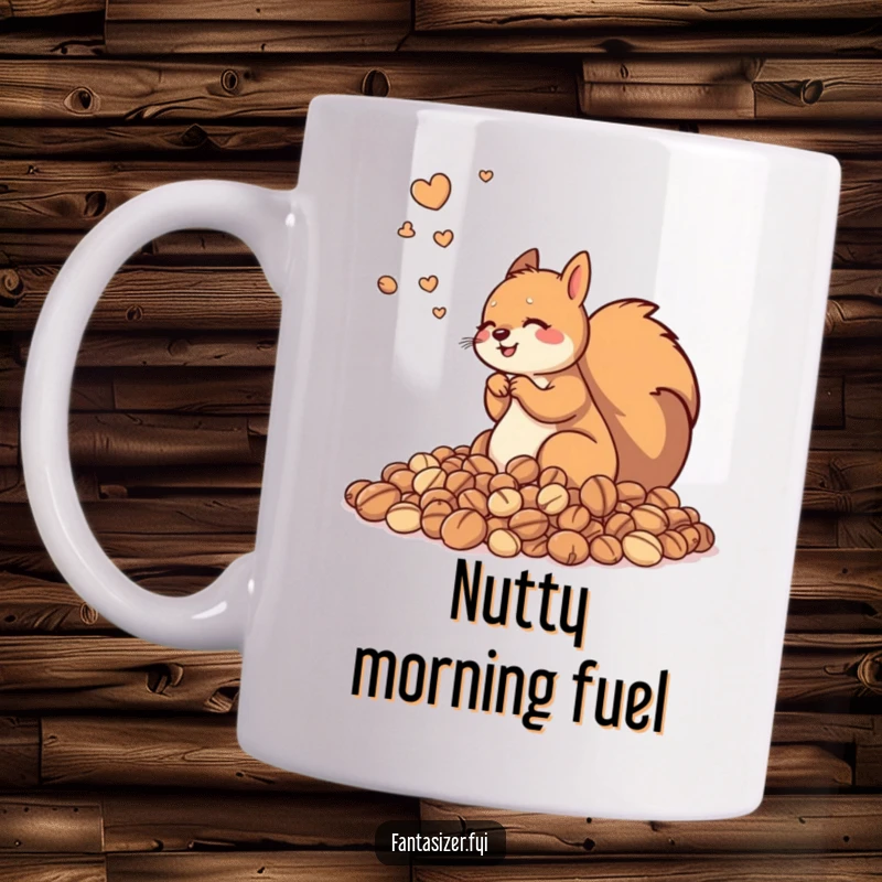 Funny mug showing a happy squirrel surrounded by a massive hoard of nuts, dreaming of endless treasures, a humorous delight.