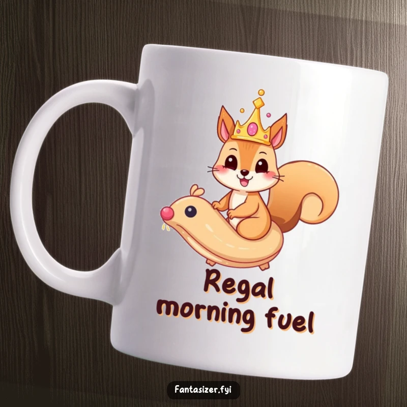 Funny squirrel king mug with a whimsical crown riding a majestic, flying pastry, embodying regal and adventurous spirit.