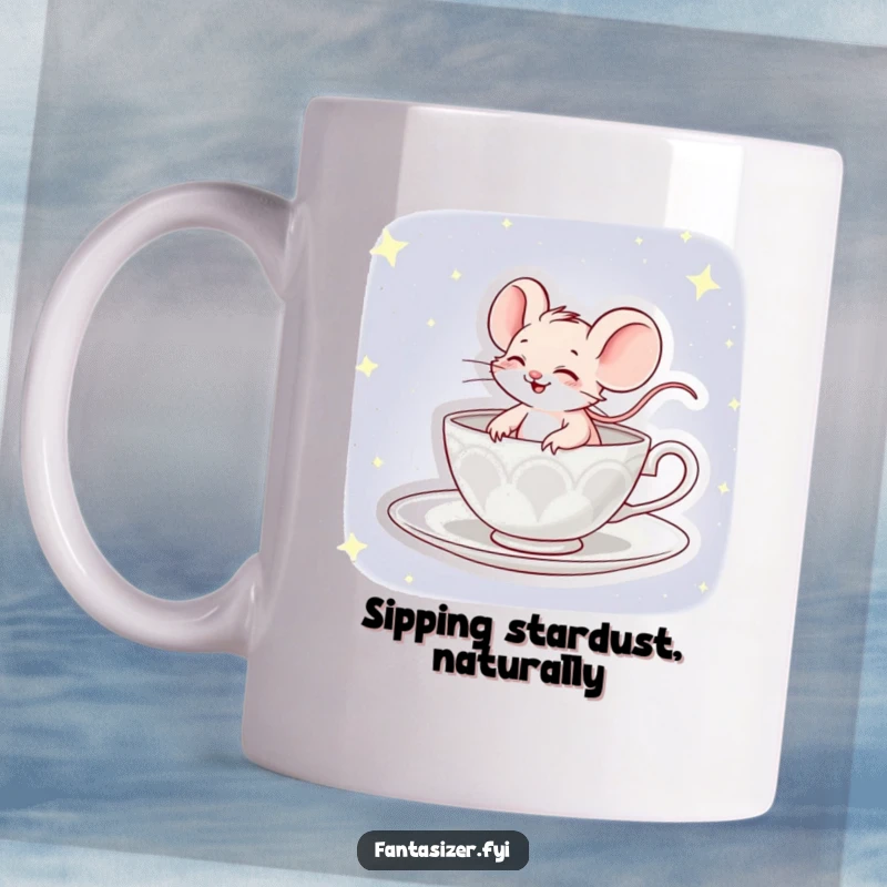 Funny mug showing a giggling mouse comically steering a teacup spaceship across a vast, starry night sky.