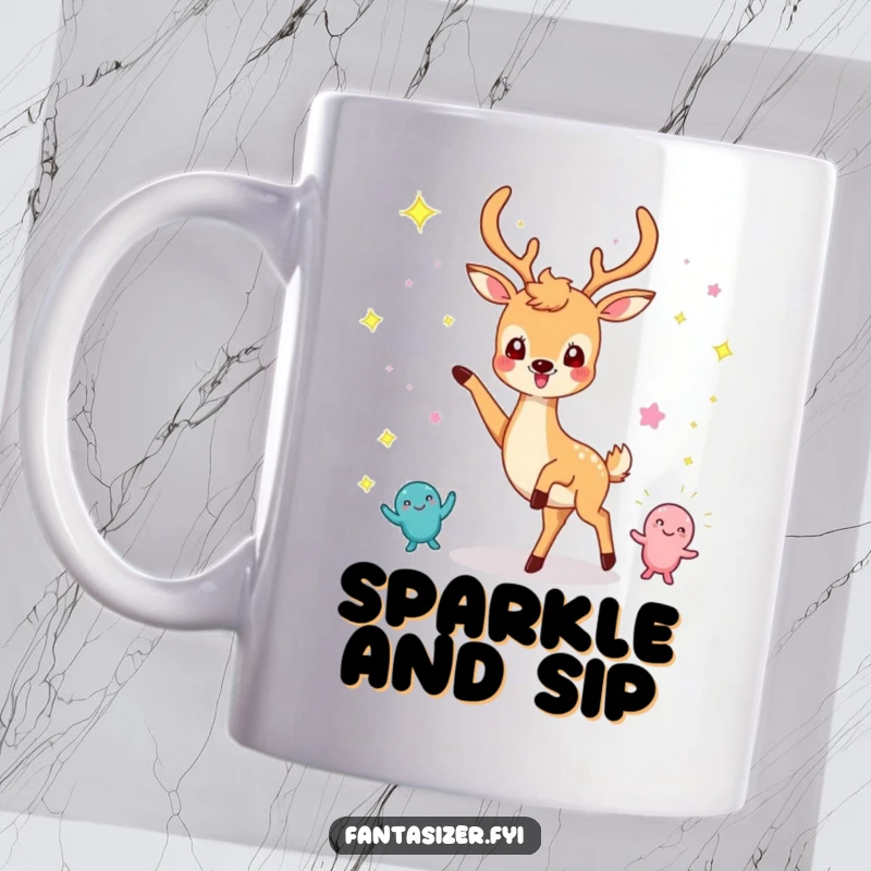 Funny mug featuring a cheerful deer joyfully dancing surrounded by imaginary sparkling creatures, spreading happiness.