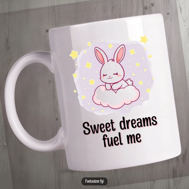 Funny mug with a dreaming rabbit peacefully floating on a cloud filled with twinkling stars, embodying serenity and sweet dreams.