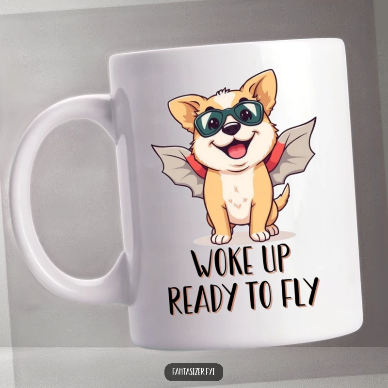 Funny mug shows a happy dog with a goofy grin, dreaming of flying with majestic superhero wings.