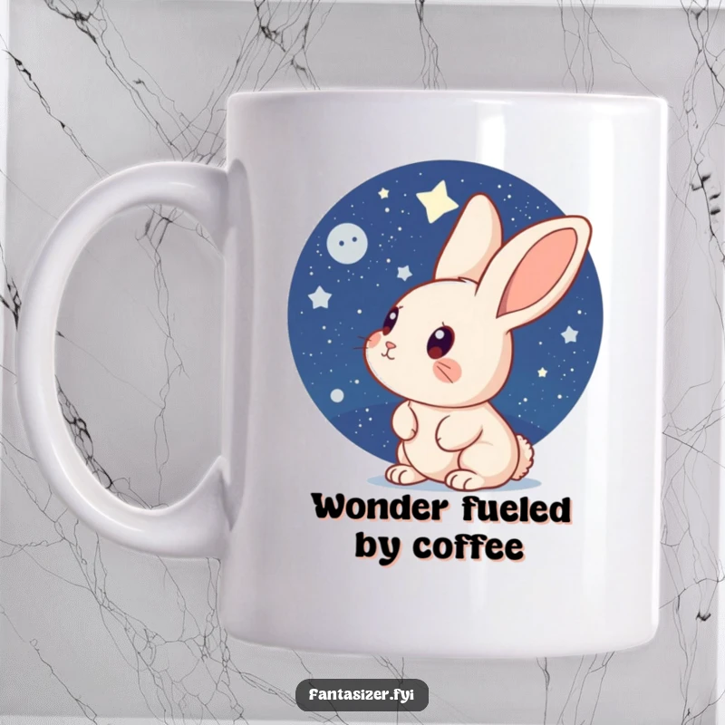 Funny Rabbit Mug: A curious rabbit sits peacefully, looking up in awe at a vast, star-filled night sky, embodying wonder.