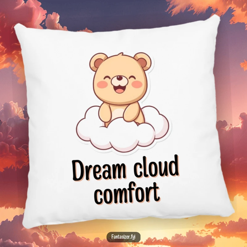 Funny Bear Pillow: Soft pillow featuring a joyful bear with a wide smile riding a fluffy cloud, promoting happiness and comfort.