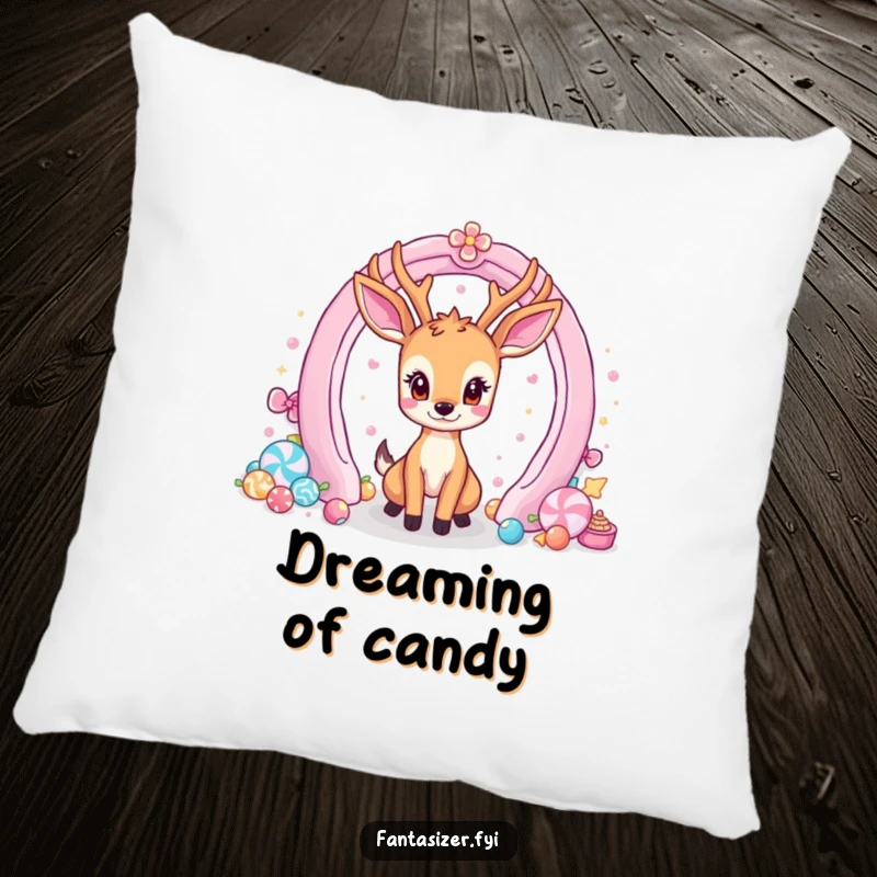 Funny pillow showcasing a deer character gazing with wonder into a portal filled with assorted candies.