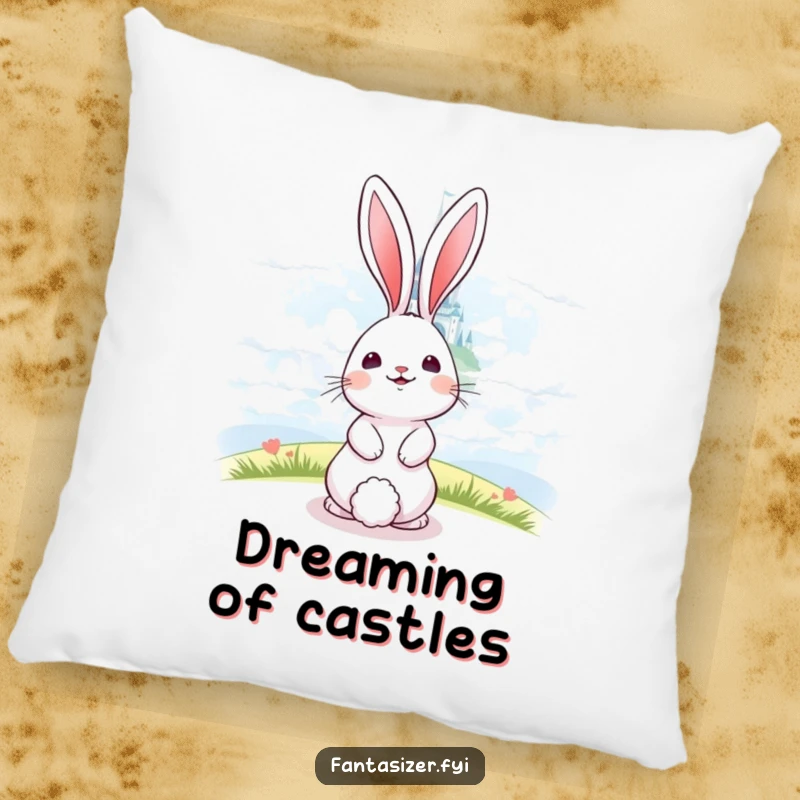 Funny happy bunny resting, gazing at a distant, shimmering castle in the clouds, a plush and cozy pillow.