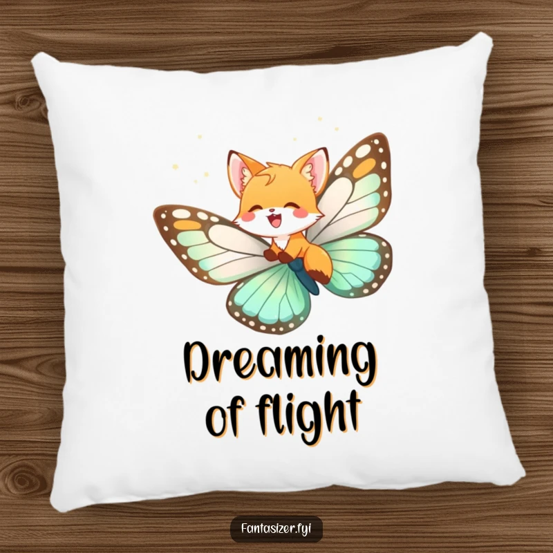 Funny fox cub pillow, a cub joyfully flying on a giant butterfly, symbolizing comfort and imaginative dreams.