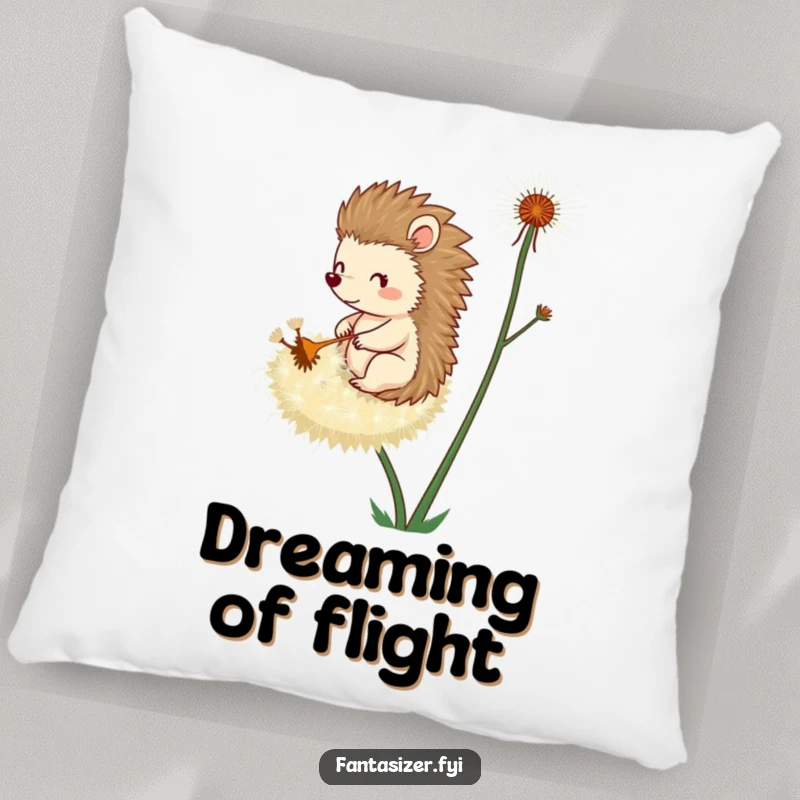 Funny pillow featuring a happy hedgehog adventuring on a dandelion seed, bringing a sense of gentle whimsy and comfort.