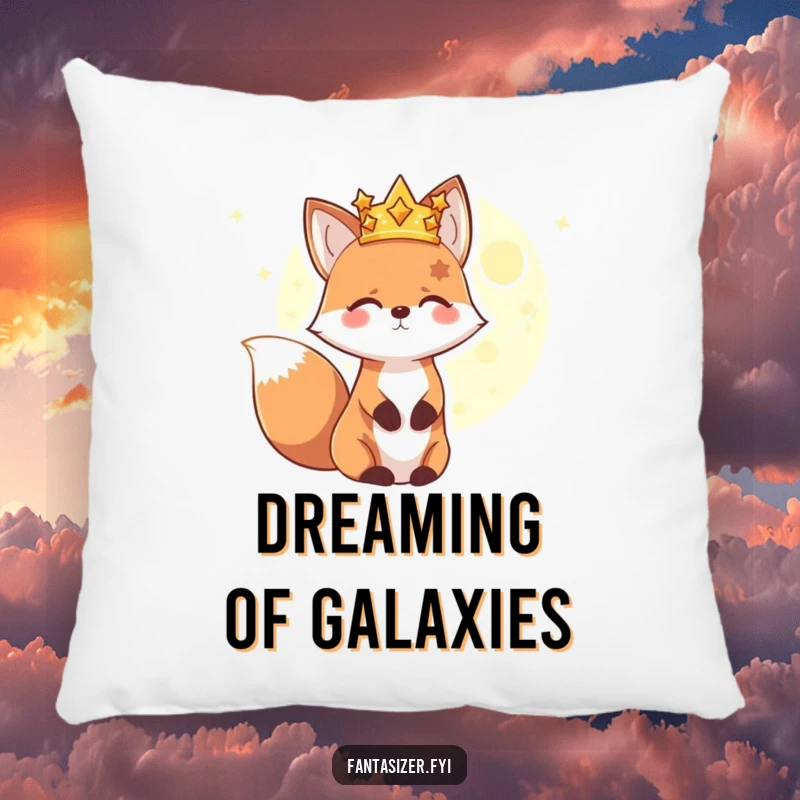 Funny pillow featuring a happy fox character with a star crown gazing at a distant glowing planet, offering comfort and a touch of celestial magic.