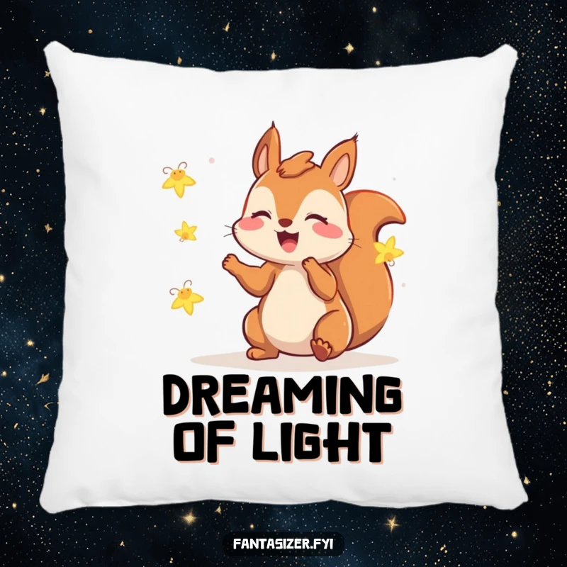 Funny squirrel pillow showing a gleeful squirrel playing with fireflies, offering comfort and magical, humorous charm.