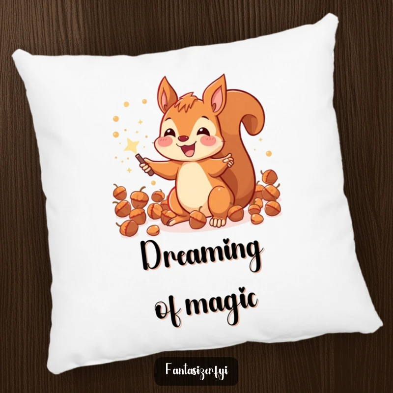 Funny joyous squirrel conjuring sparkling acorns with a magic wand, a plush and enchanting pillow.