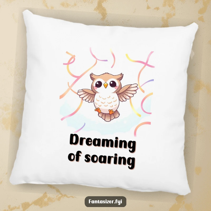 Funny Owl Ribbon Pillow: A cheerful owl flies through vibrant ribbons, offering humorous comfort and ethereal charm, a funny gift.