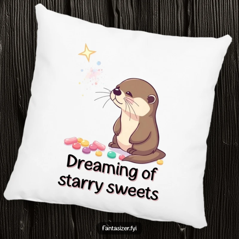 Funny decorative pillow with a curious otter gazing at a galaxy made of tiny, glowing candies.