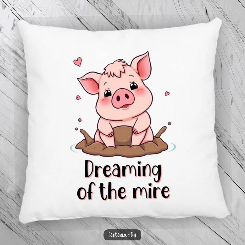 Funny pillow with a proud pig imagining a mud bath, providing comfort and a touch of cheerful humor.