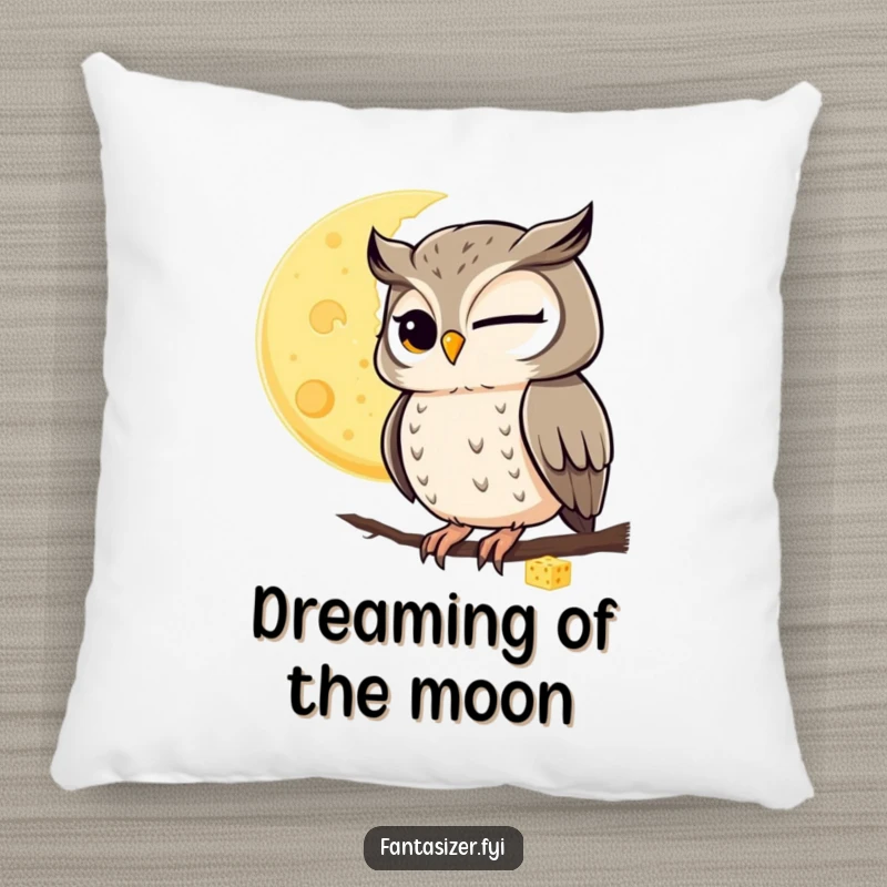 Funny pillow featuring a winking owl observing a moon made of cheese, adding cozy, humorous decor.