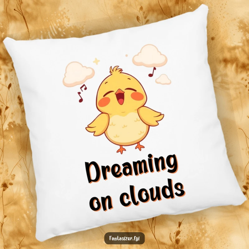 Funny pillow featuring a joyful bird singing on a cloud stage, offering cozy comfort and a touch of dreamy musical delight.