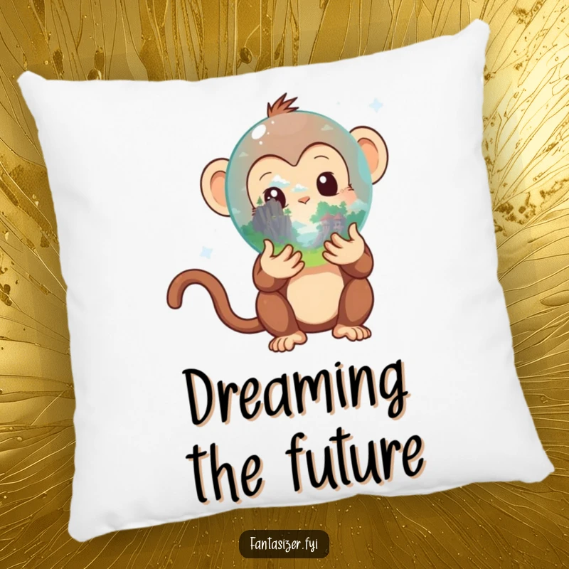 Funny Monkey Pillow: Soft cushion featuring a curious monkey holding a crystal ball with a fantasy landscape, a humorous and cozy gift idea.