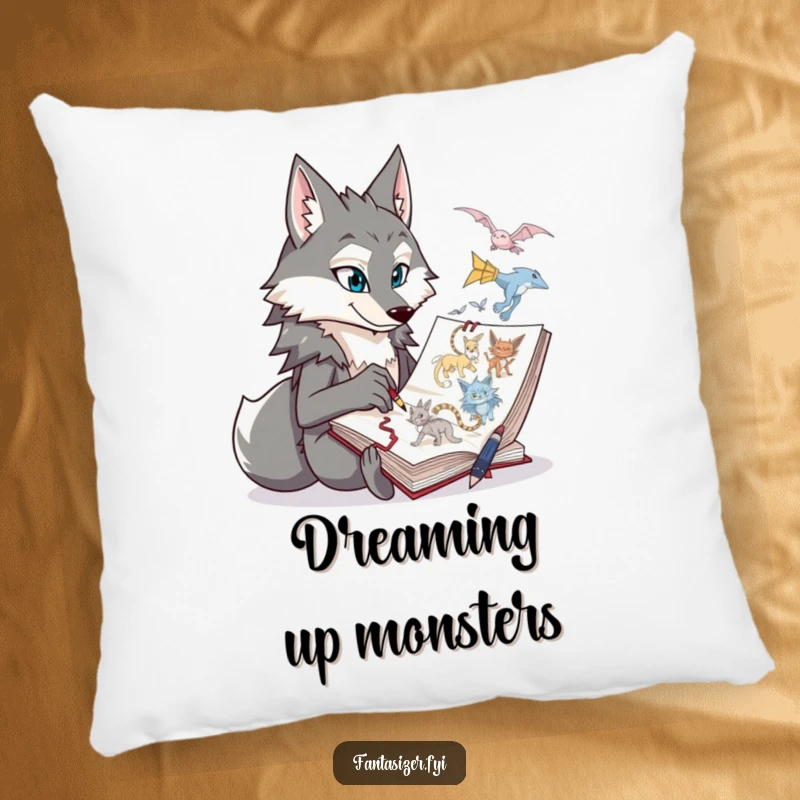 Funny wolf character sketching fantastical creatures on a plush pillow, offering soft artistic inspiration and comfort.