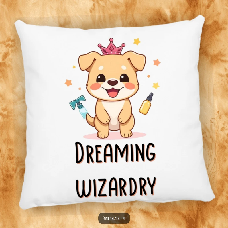 Funny Dog Pillow: A joyful dog character magically transforms everyday items into sparkling, wondrous treasures, offering cozy charm.