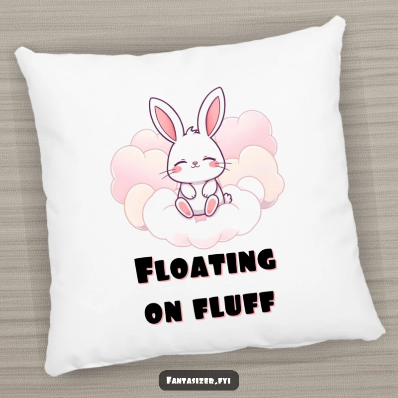 Funny bunny pillow with eyes closed, imagining floating amongst giant, candy-colored clouds, soft and humorous decor.
