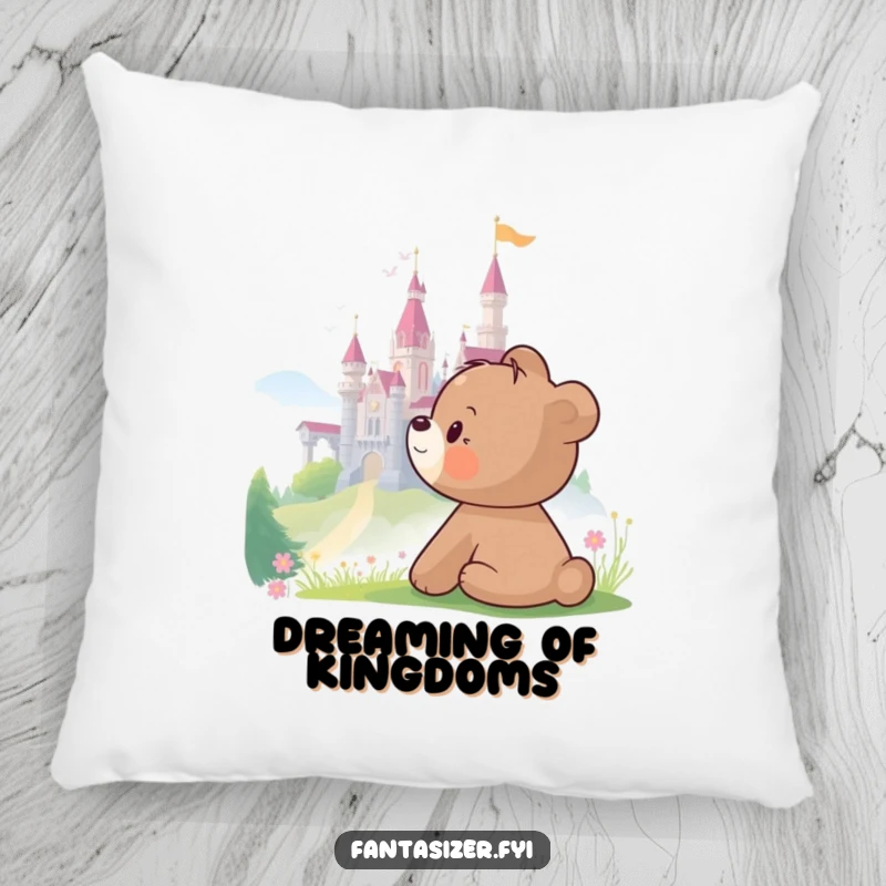 Funny Bear Pillow showing a bear cub dreaming of a castle, providing humorous comfort and whimsical decor.